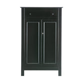 Matt fekete színű, 1 fiókkal és 2 polccal rendelkező, zárható kialakítású, kétszárnyas fenyőfa komód.